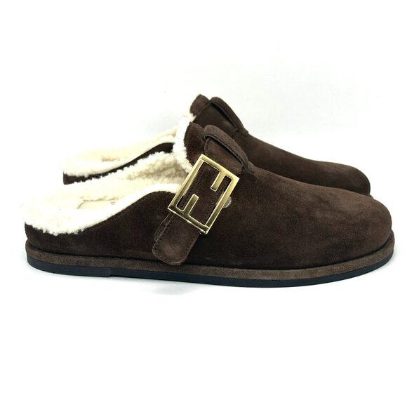 FENDI Feel FF Shearling Buckled Sabots Mules Slides Flat Clog Sandals - Picture 10 of 16